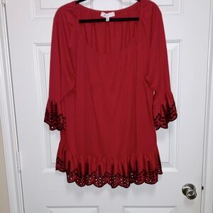 Fever Red and Black Ruffled 3/4 Sleeve Blouse